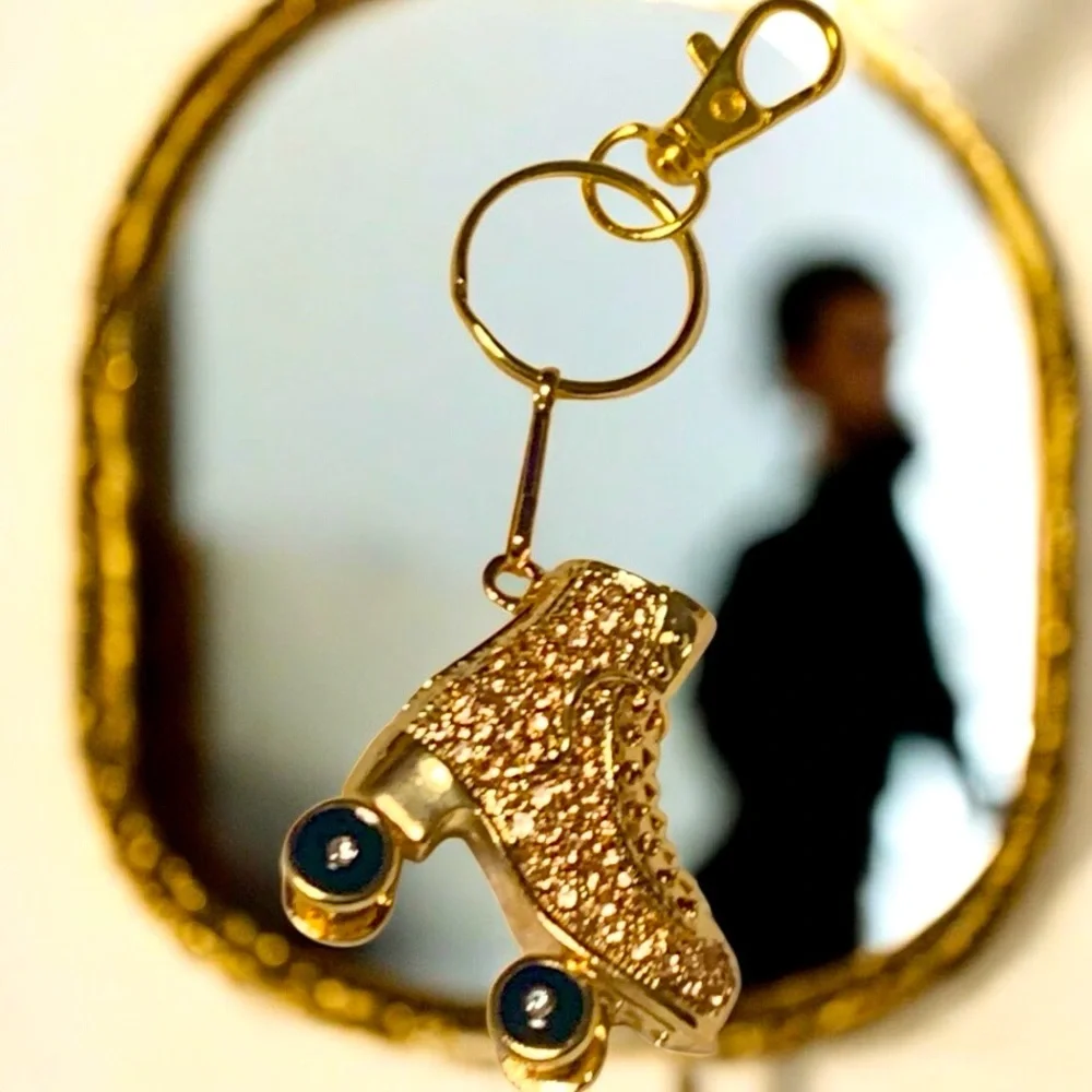 Roller Skate Golden Articulating Rhinestone Encrusted Keychain, Toggle Clasp